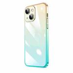 For iPhone 13 Transparent Electroplated PC Gradient Phone Case(Cyan-blue Gold)