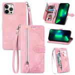 For iPhone 13 Pro Max Embossed Flower Shockproof Leather Phone Case (Pink)