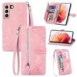 For Samsung Galaxy S21 Ultra 5G Embossed Flower Shockproof Leather Phone Case(Pink)