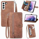 For Samsung Galaxy S22+ 5G Embossed Flower Shockproof Leather Phone Case(Brown)