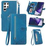 For Samsung Galaxy S22 Ultra 5G Embossed Flower Shockproof Leather Phone Case(Blue)