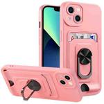For iPhone 14 Ring Kickstand Card Wallet TPU Phone Case (Pink)
