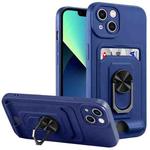 For iPhone 14 Ring Kickstand Card Wallet TPU Phone Case (Blue)