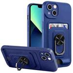 For iPhone 14 Plus Ring Kickstand Card Wallet TPU Phone Case (Blue)