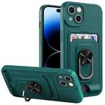 For iPhone 14 Pro Max Ring Kickstand Card Wallet TPU Phone Case (Night Green)