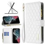 For Samsung Galaxy S22 Ultra 5G Diamond Lattice Zipper Wallet Leather Flip Phone Case(White)