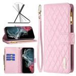 For Samsung Galaxy S22 Ultra 5G Diamond Lattice Zipper Wallet Leather Flip Phone Case(Pink)