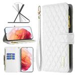 For Samsung Galaxy S21 5G Diamond Lattice Zipper Wallet Leather Flip Phone Case(White)
