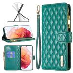 For Samsung Galaxy S21 5G Diamond Lattice Zipper Wallet Leather Flip Phone Case(Green)