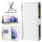 For Samsung Galaxy S21+ 5G Diamond Lattice Zipper Wallet Leather Flip Phone Case(White)