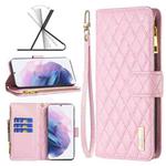 For Samsung Galaxy S21+ 5G Diamond Lattice Zipper Wallet Leather Flip Phone Case(Pink)