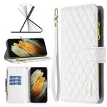 For Samsung Galaxy S21 Ultra 5G Diamond Lattice Zipper Wallet Leather Flip Phone Case(White)