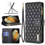 For Samsung Galaxy S21 Ultra 5G Diamond Lattice Zipper Wallet Leather Flip Phone Case(Black)