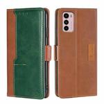 For Motorola Moto G42 4G Contrast Color Side Buckle Leather Phone Case(Light Brown + Green)