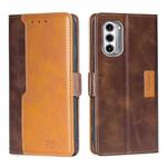 For Motorola Moto G52J 5G Contrast Color Side Buckle Leather Phone Case(Dark Brown + Gold)