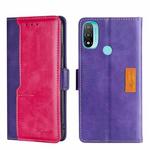 For Motorola Moto E20 Contrast Color Side Buckle Leather Phone Case(Purple + Rose Red)