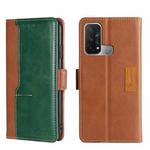 For OPPO Reno5 A Contrast Color Side Buckle Leather Phone Case(Light Brown + Green)