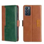 For OPPO Reno6 5G Contrast Color Side Buckle Leather Phone Case(Light Brown + Green)