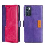 For OPPO Reno6 5G Contrast Color Side Buckle Leather Phone Case(Purple + Rose Red)