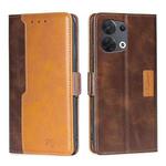 For OPPO Reno8 5G Contrast Color Side Buckle Leather Phone Case(Dark Brown + Gold)