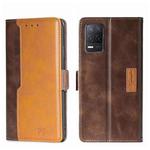 For OPPO Realme V13 5G Contrast Color Side Buckle Leather Phone Case(Dark Brown + Gold)