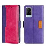 For vivo X60 Pro Global/X60 Curved Screen Contrast Color Side Buckle Leather Phone Case(Purple + Rose Red)