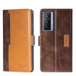 For vivo X70 Contrast Color Side Buckle Leather Phone Case(Dark Brown + Gold)