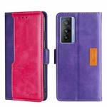 For vivo X70 Contrast Color Side Buckle Leather Phone Case(Purple + Rose Red)