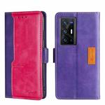 For vivo X70 Pro+ Contrast Color Side Buckle Leather Phone Case(Purple + Rose Red)