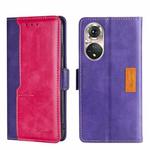 For Honor 50 Pro Contrast Color Side Buckle Leather Phone Case(Purple + Rose Red)