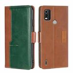 For Nokia C21 Plus Contrast Color Side Buckle Leather Phone Case(Light Brown + Green)