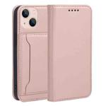 For iPhone 14 Plus Magnetism Skin Feel Card Holder Leather Phone Case (Rose Gold)