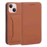 For iPhone 14 Plus Magnetism Skin Feel Card Holder Leather Phone Case (Brown)
