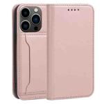 For iPhone 14 Pro Max Magnetism Skin Feel Card Holder Leather Phone Case (Rose Gold)