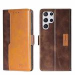 For Samsung Galaxy S22 Ultra Contrast Color Side Buckle Leather Phone Case(Dark Brown + Gold)