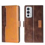 For OnePlus 9RT 5G Contrast Color Side Buckle Leather Phone Case(Dark Brown + Gold)