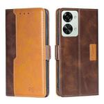 For OnePlus Nord 2T Contrast Color Side Buckle Leather Phone Case(Dark Brown + Gold)