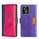 For ZTE Blade V30 Contrast Color Side Buckle Leather Phone Case(Purple + Rose Red)