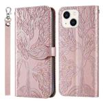 For iPhone 14 Life of Tree Embossing Pattern Leather Phone Case (Rose Gold)