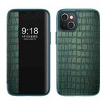 For iPhone 14 Crocodile Texture Windows View Horizontal Flip Leather Case (Green)