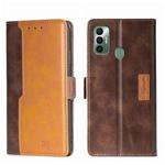 For Tecno Spark 7 Contrast Color Side Buckle Leather Phone Case(Dark Brown + Gold)