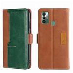 For Tecno Spark 7 Contrast Color Side Buckle Leather Phone Case(Light Brown + Green)