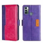 For Tecno Spark 7 Contrast Color Side Buckle Leather Phone Case(Purple + Rose Red)
