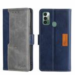 For Tecno Spark 7 Contrast Color Side Buckle Leather Phone Case(Blue + Grey)