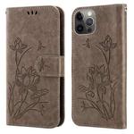 For iPhone 14 Pro Lotus Embossed Leather Phone Case(Grey)