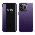 For iPhone 14 Pro Magnetic Side Window View Shockproof Horizontal Flip Leather Case(Purple)