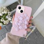 For iPhone 14 Plus Four Flowers Hand Strap Phone Case (Light Pink)