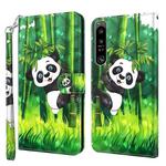 For Sony Xperia 1 IV 3D Painting Pattern Flip Leather Phone Case(Panda Climbing Bamboo)