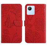 For OPPO Realme C30 HT03 Skin Feel Butterfly Embossed Flip Leather Phone Case(Red)