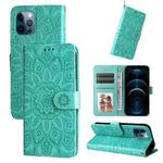 For iPhone 12 Pro Max Embossed Sunflower Leather Phone Case(Green)